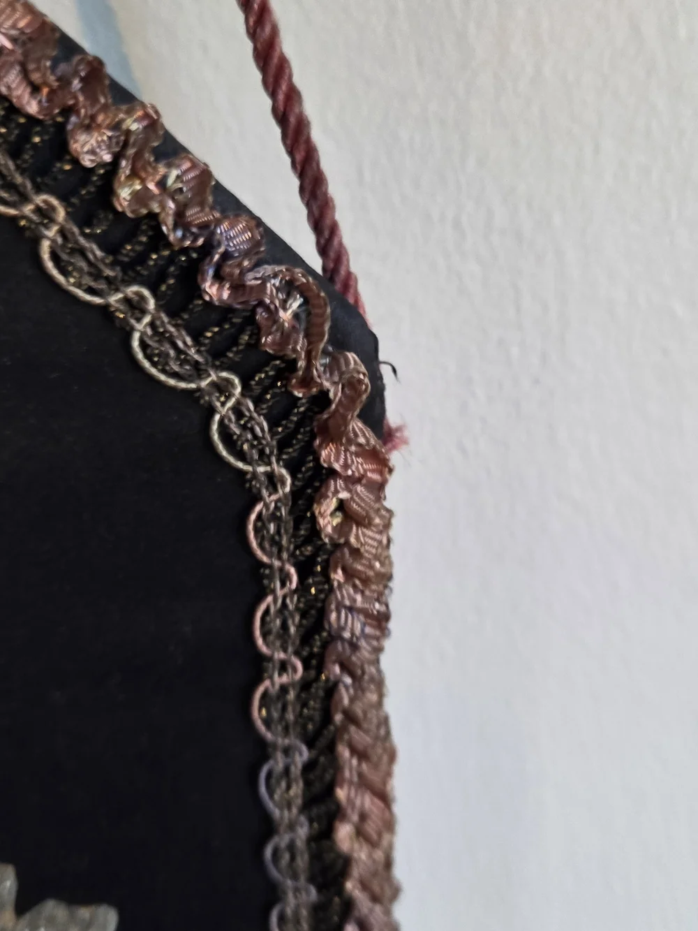 Decorative Black Velvet Bird Wall Hanging with Pink and Brown Embroidery